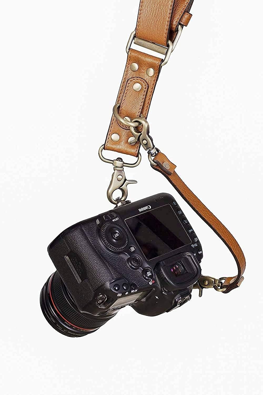 SUPERNIC Camera Strap for 2 Cameras/Dual Shoulder Leather Harness/Multi-Camera Gear for DSLR/SLR Classic Tan with microfiber cloth