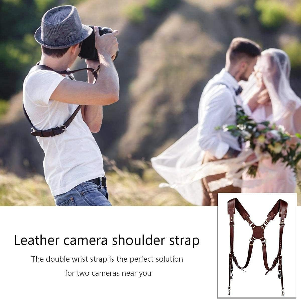 SUPERNIC Camera Strap for 2 Cameras/Dual Shoulder Leather Harness/Multi-Camera Gear for DSLR/SLR Classic Tan with microfiber cloth