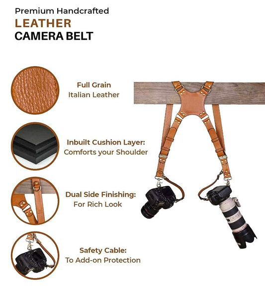 SUPERNIC Camera Strap for 2 Cameras/Dual Shoulder Leather Harness/Multi-Camera Gear for DSLR/SLR Classic Tan with microfiber cloth