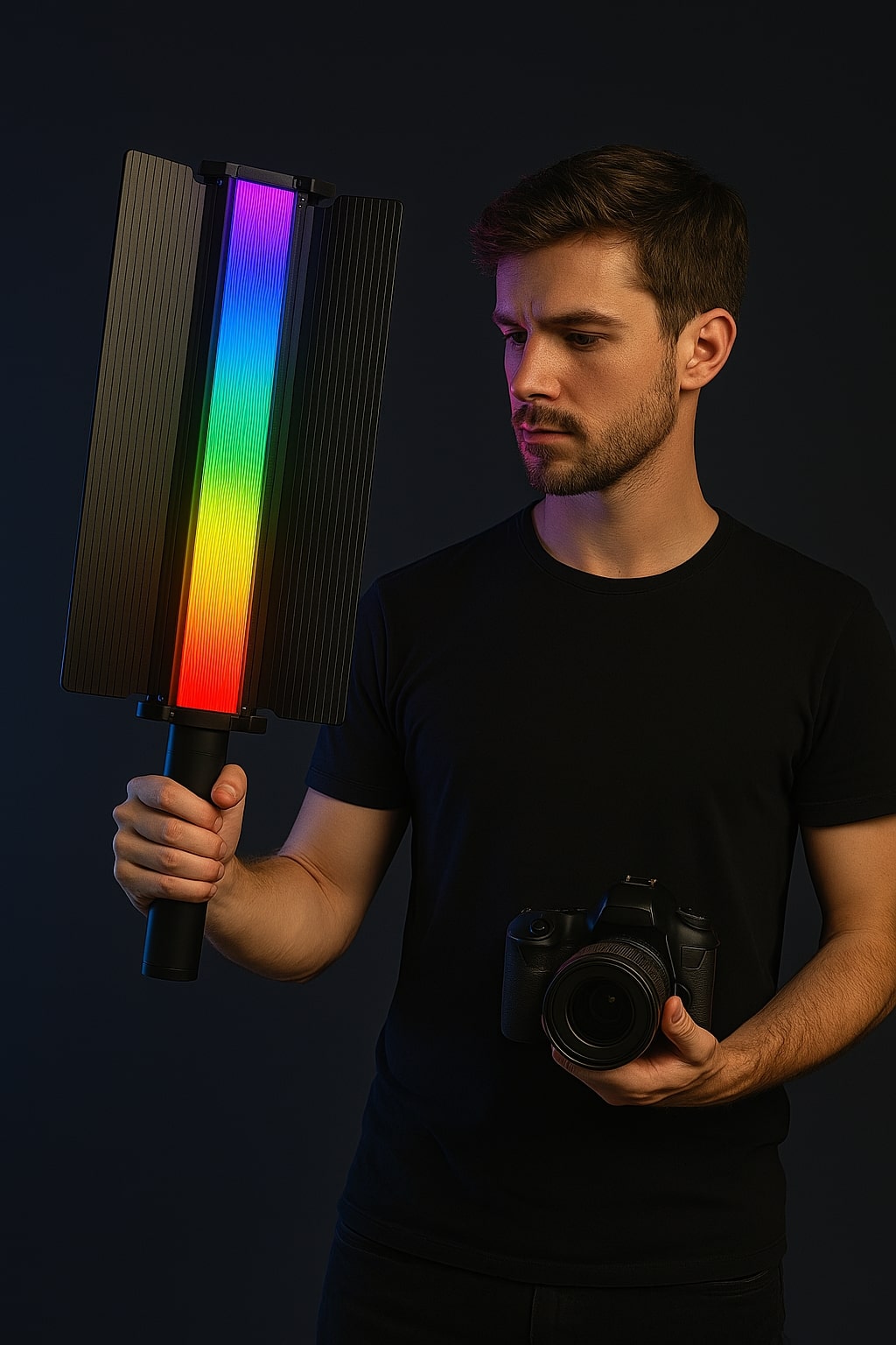 SUPERNIC Portable Stick RGB LED Light with Barn Doors Comes with a 10000mAh Built in Battery Pack and OLED display.