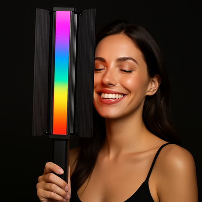 SUPERNIC Portable Stick RGB LED Light with Barn Doors Comes with a 10000mAh Built in Battery Pack and OLED display.