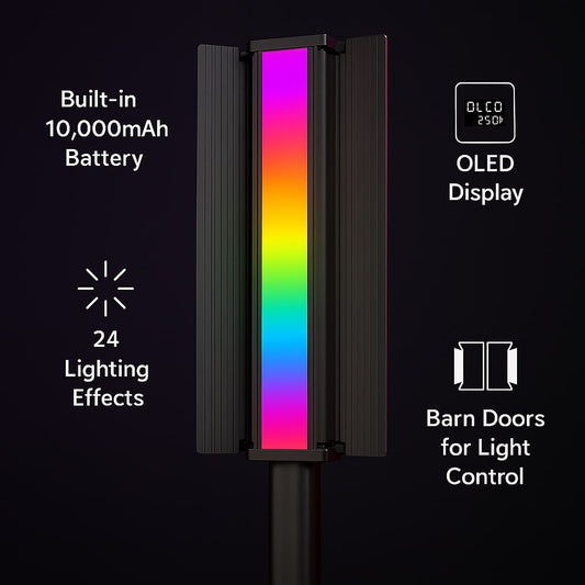 SUPERNIC Portable Stick RGB LED Light with Barn Doors Comes with a 10000mAh Built in Battery Pack and OLED display.