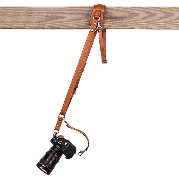 SUPERNIC Leather Solo Camera Strap Now with Snap Shackle Hooks | Perfect Single Camera Belt | Cross Body Design (Classic Tan)
